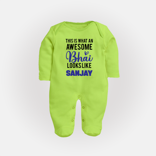 This is What an Awesome Bhai Looks Like Sleep suit/full sleeve body suit | Personalized Baby Sleep suit/full sleeve body suit for the Awesome Brother - LIME GREEN - New Born (Chest 7.5")