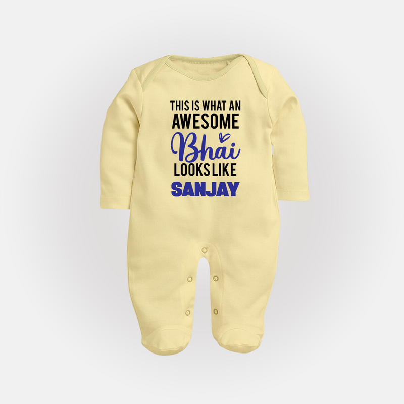 This is What an Awesome Bhai Looks Like Sleep suit/full sleeve body suit | Personalized Baby Sleep suit/full sleeve body suit for the Awesome Brother - PASTEL YELLOW - New Born (Chest 7.5")