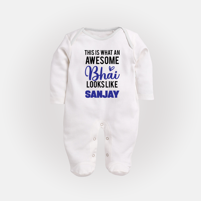 This is What an Awesome Bhai Looks Like Sleep suit/full sleeve body suit | Personalized Baby Sleep suit/full sleeve body suit for the Awesome Brother - WHITE - New Born (Chest 7.5")
