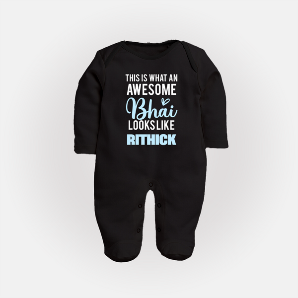 This is What an Awesome Bhai Looks Like Sleep suit/full sleeve body suit | Personalized Baby Sleep suit/full sleeve body suit for the Awesome Brother - BLACK - New Born (Chest 7.5")