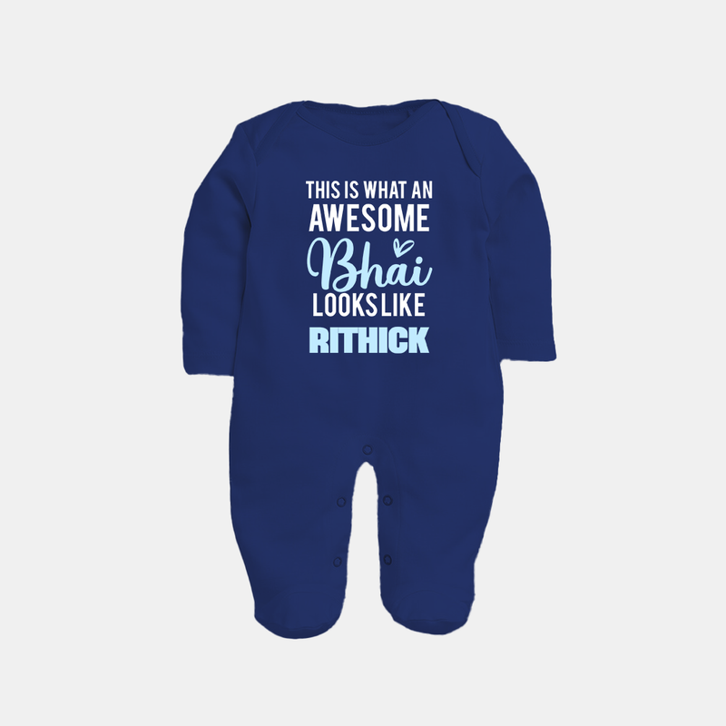 This is What an Awesome Bhai Looks Like Sleep suit/full sleeve body suit | Personalized Baby Sleep suit/full sleeve body suit for the Awesome Brother - NAVY BLUE - New Born (Chest 7.5")