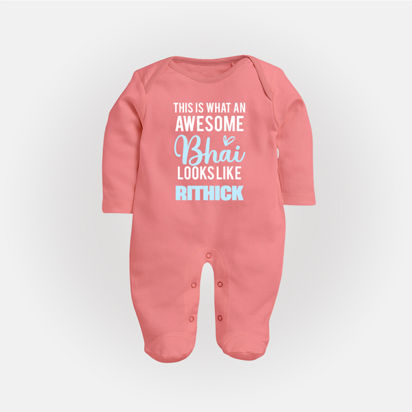 This is What an Awesome Bhai Looks Like Sleep suit/full sleeve body suit | Personalized Baby Sleep suit/full sleeve body suit for the Awesome Brother - PEACH - New Born (Chest 7.5")