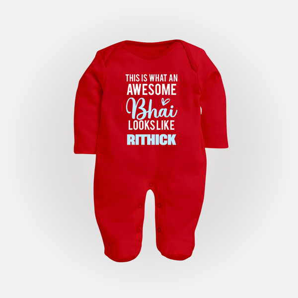 This is What an Awesome Bhai Looks Like Sleep suit/full sleeve body suit | Personalized Baby Sleep suit/full sleeve body suit for the Awesome Brother - RED - New Born (Chest 7.5")