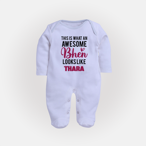 This is What an Awesome Behen Looks Like Sleep suit/full sleeve body suit | Custom Baby Sleep suit/full sleeve body suit for the Awesome Sister - BABY BLUE - New Born (Chest 7.5")