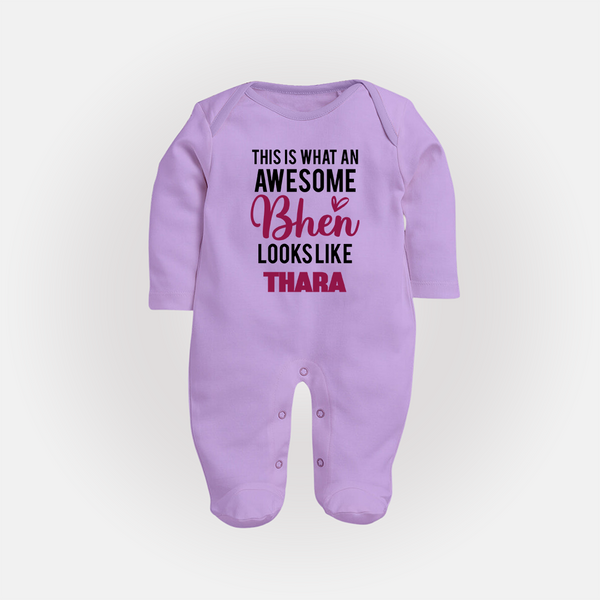 This is What an Awesome Behen Looks Like Sleep suit/full sleeve body suit | Custom Baby Sleep suit/full sleeve body suit for the Awesome Sister - LILAC - New Born (Chest 7.5")