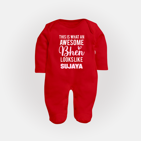 This is What an Awesome Behen Looks Like Sleep suit/full sleeve body suit | Custom Baby Sleep suit/full sleeve body suit for the Awesome Sister - RED - New Born (Chest 7.5")