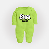 Bhai Sleep suit/full sleeve body suit | Custom Baby Sleep suit/full sleeve body suit for Your Best Brother - LIME GREEN - New Born (Chest 7.5")