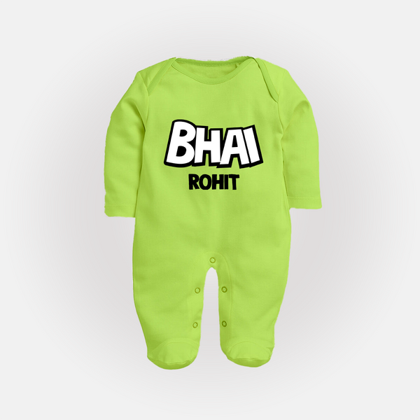 Bhai Sleep suit/full sleeve body suit | Custom Baby Sleep suit/full sleeve body suit for Your Best Brother - LIME GREEN - New Born (Chest 7.5")