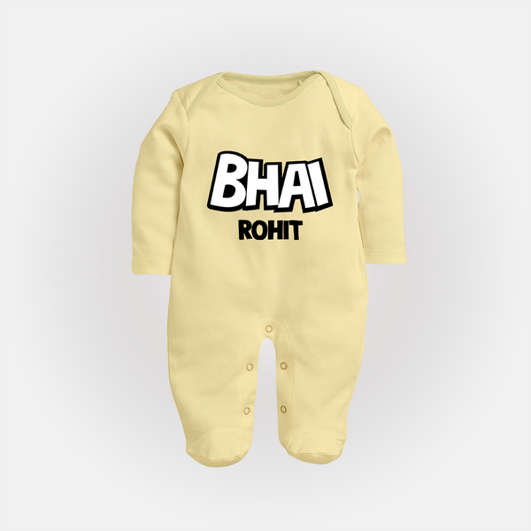 Bhai Sleep suit/full sleeve body suit | Custom Baby Sleep suit/full sleeve body suit for Your Best Brother - PASTEL YELLOW - New Born (Chest 7.5")