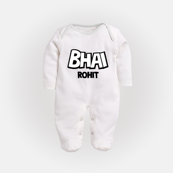 Bhai Sleep suit/full sleeve body suit | Custom Baby Sleep suit/full sleeve body suit for Your Best Brother - WHITE - New Born (Chest 7.5")