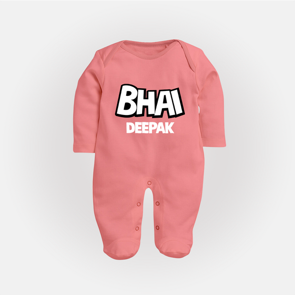 Bhai Sleep suit/full sleeve body suit | Custom Baby Sleep suit/full sleeve body suit for Your Best Brother - PEACH - New Born (Chest 7.5")