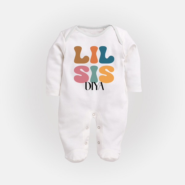 Lil Sis Sleep suit/full sleeve body suit | Personalized Baby Sleep suit/full sleeve body suit for the Little Sister - WHITE - New Born (Chest 7.5")