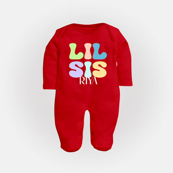 Lil Sis Sleep suit/full sleeve body suit | Personalized Baby Sleep suit/full sleeve body suit for the Little Sister - RED - New Born (Chest 7.5")