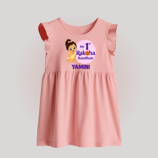 My First Raksha Bandhan Baby Girl Baby Frock – girl sitting with Rakhi theme. - BABY PINK - 0 - 3 Months Old (Chest 17")