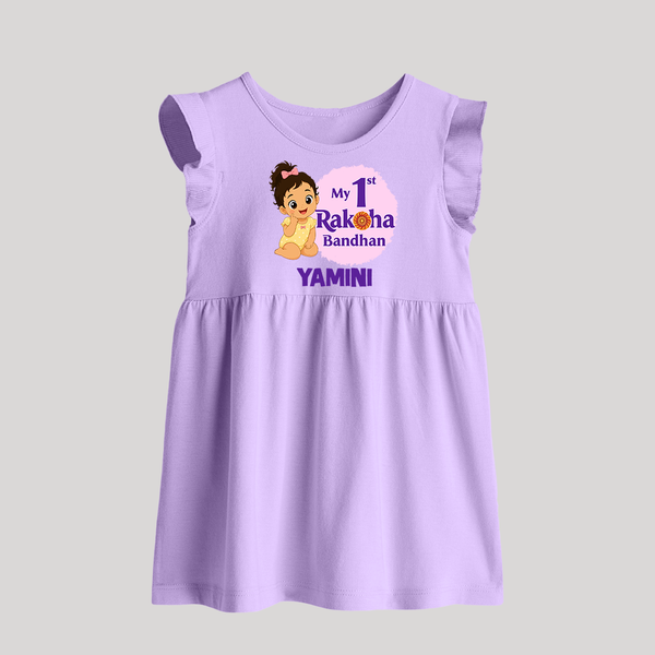 My First Raksha Bandhan Baby Girl Baby Frock – girl sitting with Rakhi theme. - LILAC - 0 - 3 Months Old (Chest 17")