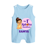 My First Raksha Bandhan Baby Girl Button Romper – girl sitting with Rakhi theme. - BABY BLUE - New Born (Chest 18")