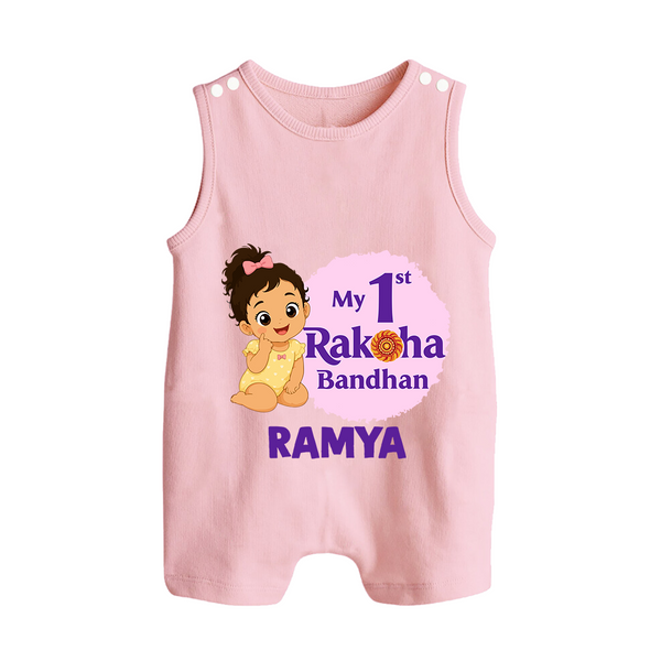 My First Raksha Bandhan Baby Girl Button Romper – girl sitting with Rakhi theme. - BABY PINK - New Born (Chest 18")