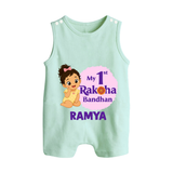 My First Raksha Bandhan Baby Girl Button Romper – girl sitting with Rakhi theme. - MINT GREEN - New Born (Chest 18")