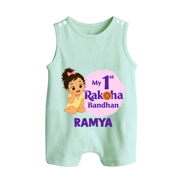 My First Raksha Bandhan Baby Girl Button Romper – girl sitting with Rakhi theme. - MINT GREEN - New Born (Chest 18")