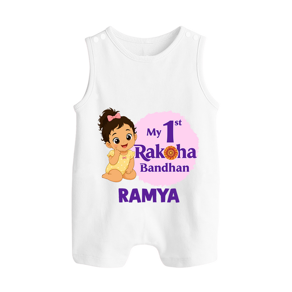 My First Raksha Bandhan Baby Girl Button Romper – girl sitting with Rakhi theme. - WHITE - New Born (Chest 18")