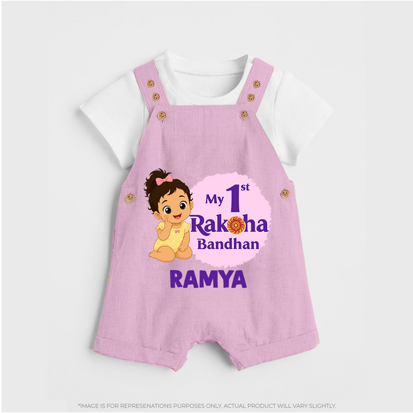 My First Raksha Bandhan Baby Girl Dungaree – girl sitting with Rakhi theme. - BABY PINK - 0 - 5 Months Old (Chest 18")