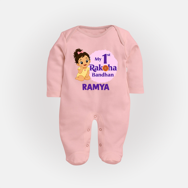 My First Raksha Bandhan Baby Girl Fullbody Suit – girl sitting with Rakhi theme. - BABY PINK - New Born (Chest 7.5")