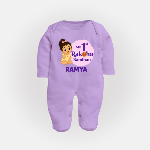My First Raksha Bandhan Baby Girl Fullbody Suit – girl sitting with Rakhi theme. - LILAC - New Born (Chest 7.5")
