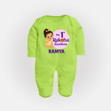 My First Raksha Bandhan Baby Girl Fullbody Suit – girl sitting with Rakhi theme. - LIME GREEN - New Born (Chest 7.5")