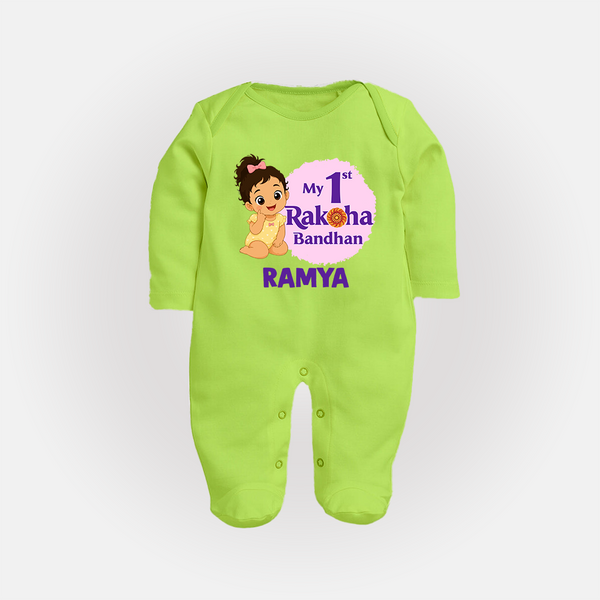 My First Raksha Bandhan Baby Girl Fullbody Suit – girl sitting with Rakhi theme. - LIME GREEN - New Born (Chest 7.5")