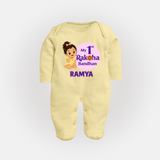 My First Raksha Bandhan Baby Girl Fullbody Suit – girl sitting with Rakhi theme. - PASTEL YELLOW - New Born (Chest 7.5")