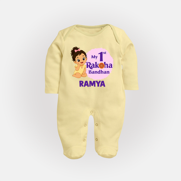 My First Raksha Bandhan Baby Girl Fullbody Suit – girl sitting with Rakhi theme. - PASTEL YELLOW - New Born (Chest 7.5")