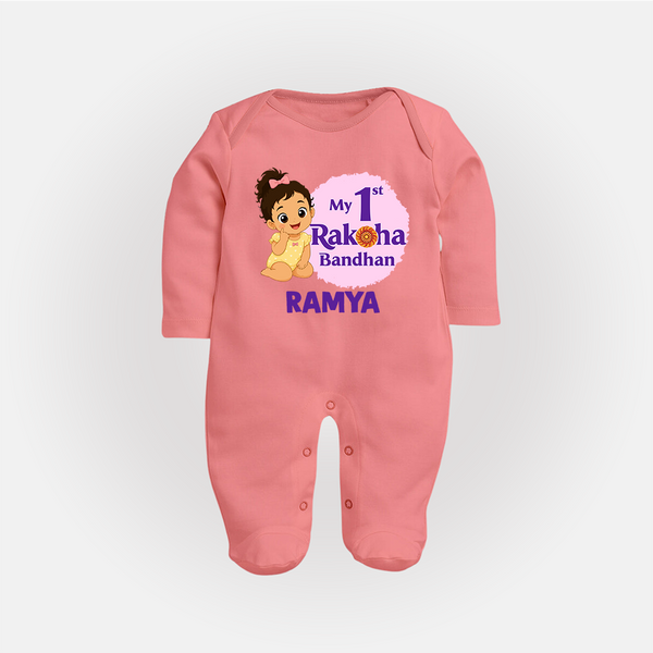 My First Raksha Bandhan Baby Girl Fullbody Suit – girl sitting with Rakhi theme. - PEACH - New Born (Chest 7.5")