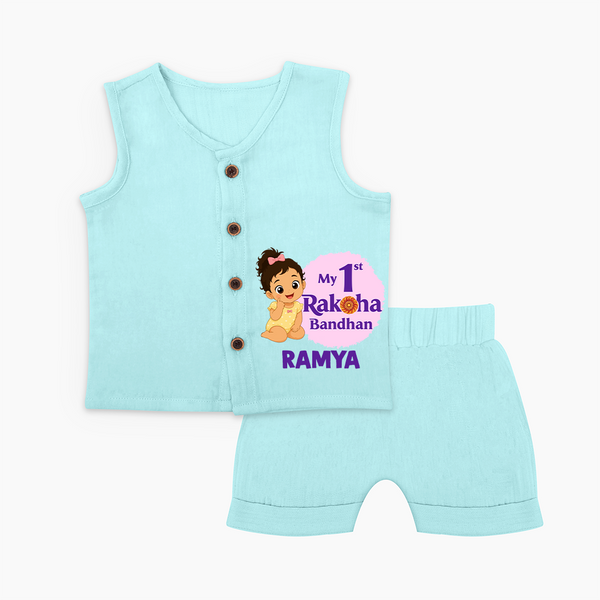 My First Raksha Bandhan Baby Girl Jabla – girl sitting with Rakhi theme. - BABY BLUE - 0 - 3 Months Old (Chest 9.8")