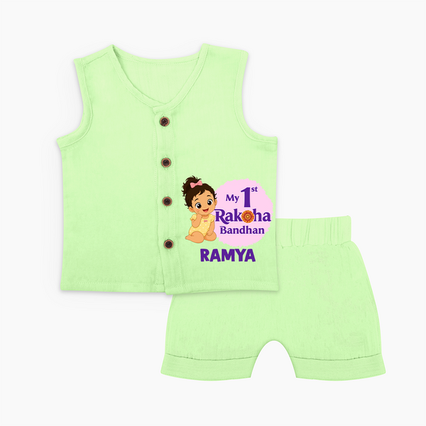 My First Raksha Bandhan Baby Girl Jabla – girl sitting with Rakhi theme. - PASTEL GREEN - 0 - 3 Months Old (Chest 9.8")