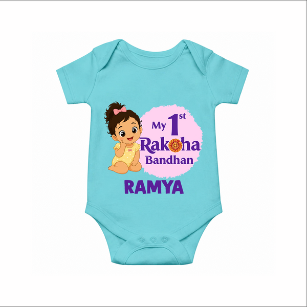 My First Raksha Bandhan Baby Girl Romper  – girl sitting with Rakhi theme. - ARCTIC BLUE - New Born (Chest 14")