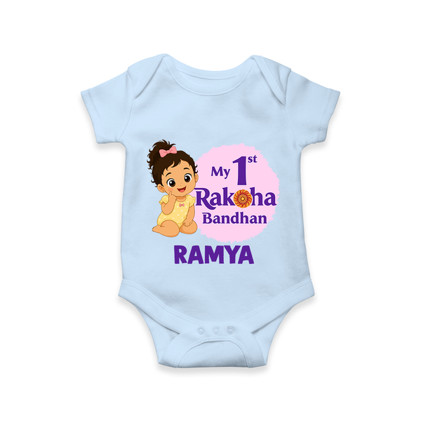 My First Raksha Bandhan Baby Girl Romper  – girl sitting with Rakhi theme. - BABY BLUE - New Born (Chest 14")