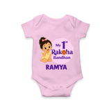 My First Raksha Bandhan Baby Girl Romper  – girl sitting with Rakhi theme. - BABY PINK - New Born (Chest 14")