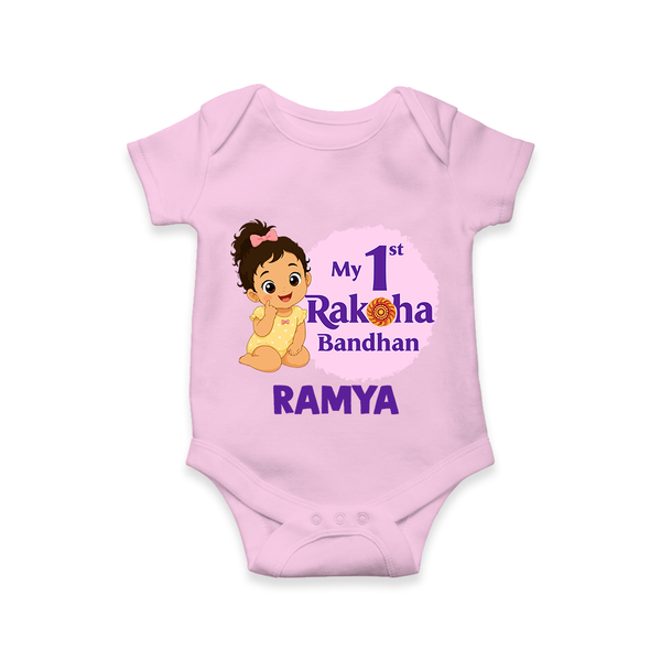 My First Raksha Bandhan Baby Girl Romper  – girl sitting with Rakhi theme. - BABY PINK - New Born (Chest 14")