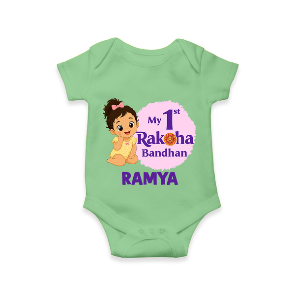My First Raksha Bandhan Baby Girl Romper  – girl sitting with Rakhi theme. - GREEN - New Born (Chest 14")