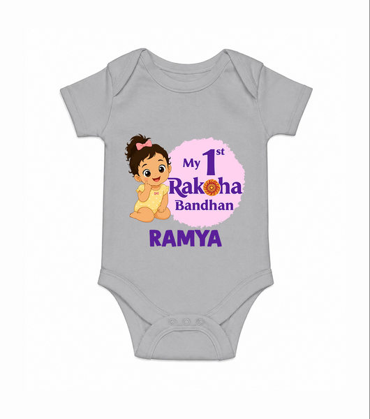 My First Raksha Bandhan Baby Girl Romper  – girl sitting with Rakhi theme. - GREY - New Born (Chest 14")