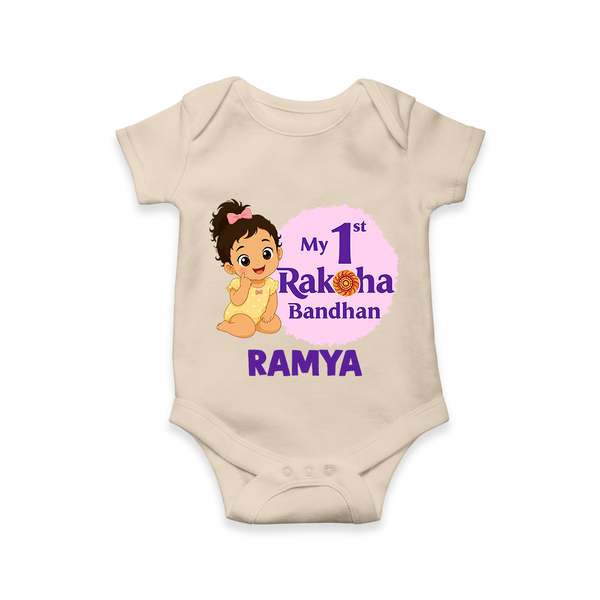 My First Raksha Bandhan Baby Girl Romper  – girl sitting with Rakhi theme. - IVORY - New Born (Chest 14")
