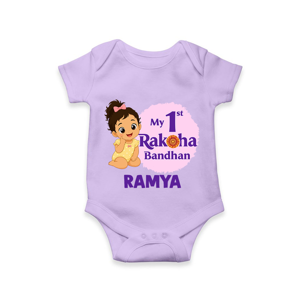 My First Raksha Bandhan Baby Girl Romper  – girl sitting with Rakhi theme. - LILAC - New Born (Chest 14")