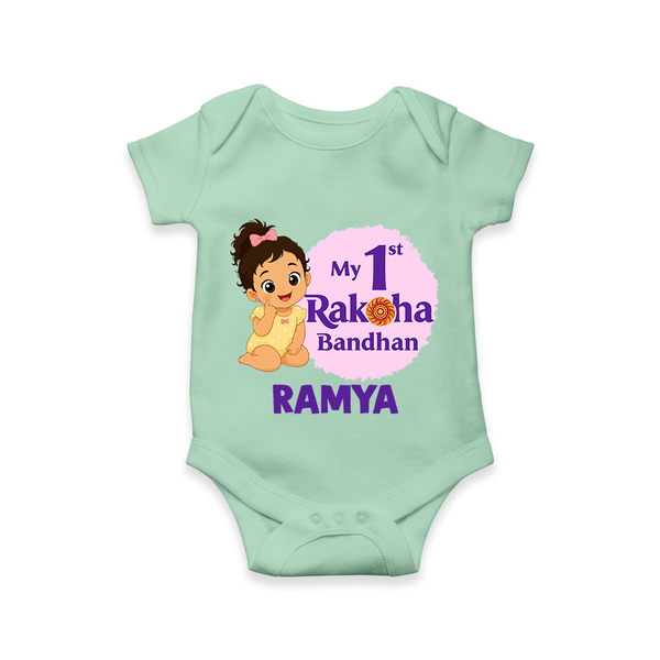 My First Raksha Bandhan Baby Girl Romper  – girl sitting with Rakhi theme. - MINT GREEN - New Born (Chest 14")