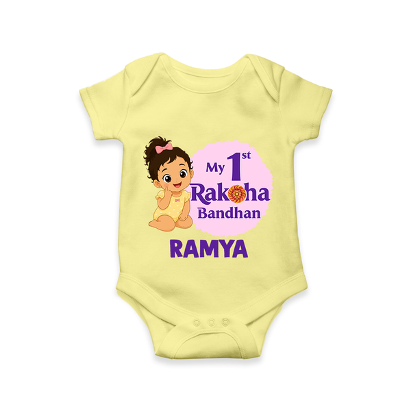 My First Raksha Bandhan Baby Girl Romper  – girl sitting with Rakhi theme. - PASTEL YELLOW - New Born (Chest 14")