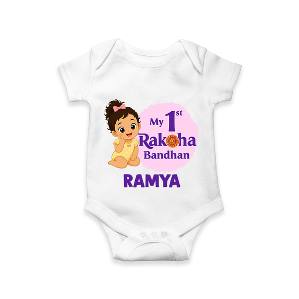 My First Raksha Bandhan Baby Girl Romper  – girl sitting with Rakhi theme. - WHITE - New Born (Chest 14")