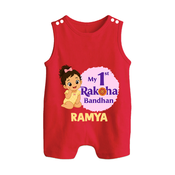 My First Raksha Bandhan Baby Girl Button Romper – girl sitting with Rakhi theme. - RED - New Born (Chest 18")