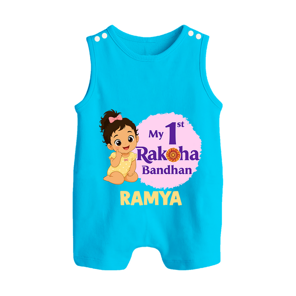 My First Raksha Bandhan Baby Girl Button Romper – girl sitting with Rakhi theme. - SKY BLUE - New Born (Chest 18")