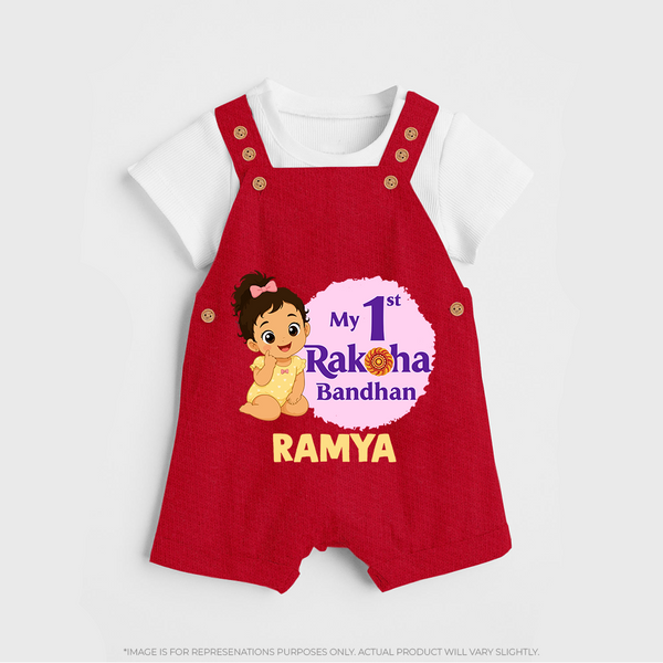 My First Raksha Bandhan Baby Girl Dungaree – girl sitting with Rakhi theme. - RED - 0 - 5 Months Old (Chest 18")