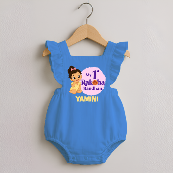 My First Raksha Bandhan Baby Girl Romper Frock – girl sitting with Rakhi theme.