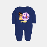 My First Raksha Bandhan Baby Girl Fullbody Suit – girl sitting with Rakhi theme. - NAVY BLUE - New Born (Chest 7.5")